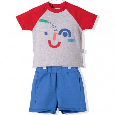 Bebetto marškinėlių ir šortukų komplektas berniukui "Happy" (raudona/pilka/mėlyna spl.)